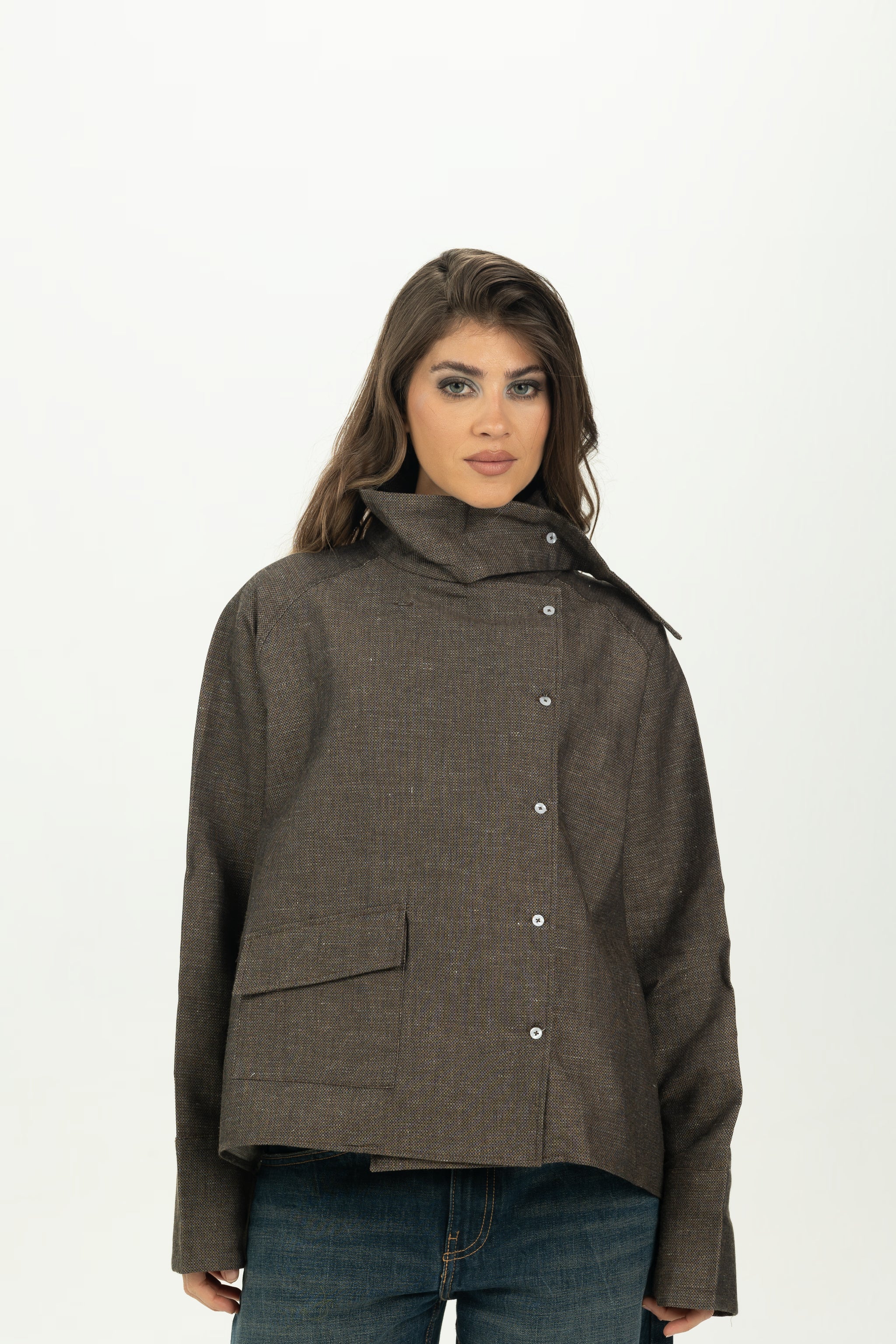 Brown High Collar Asymmetric Shirt