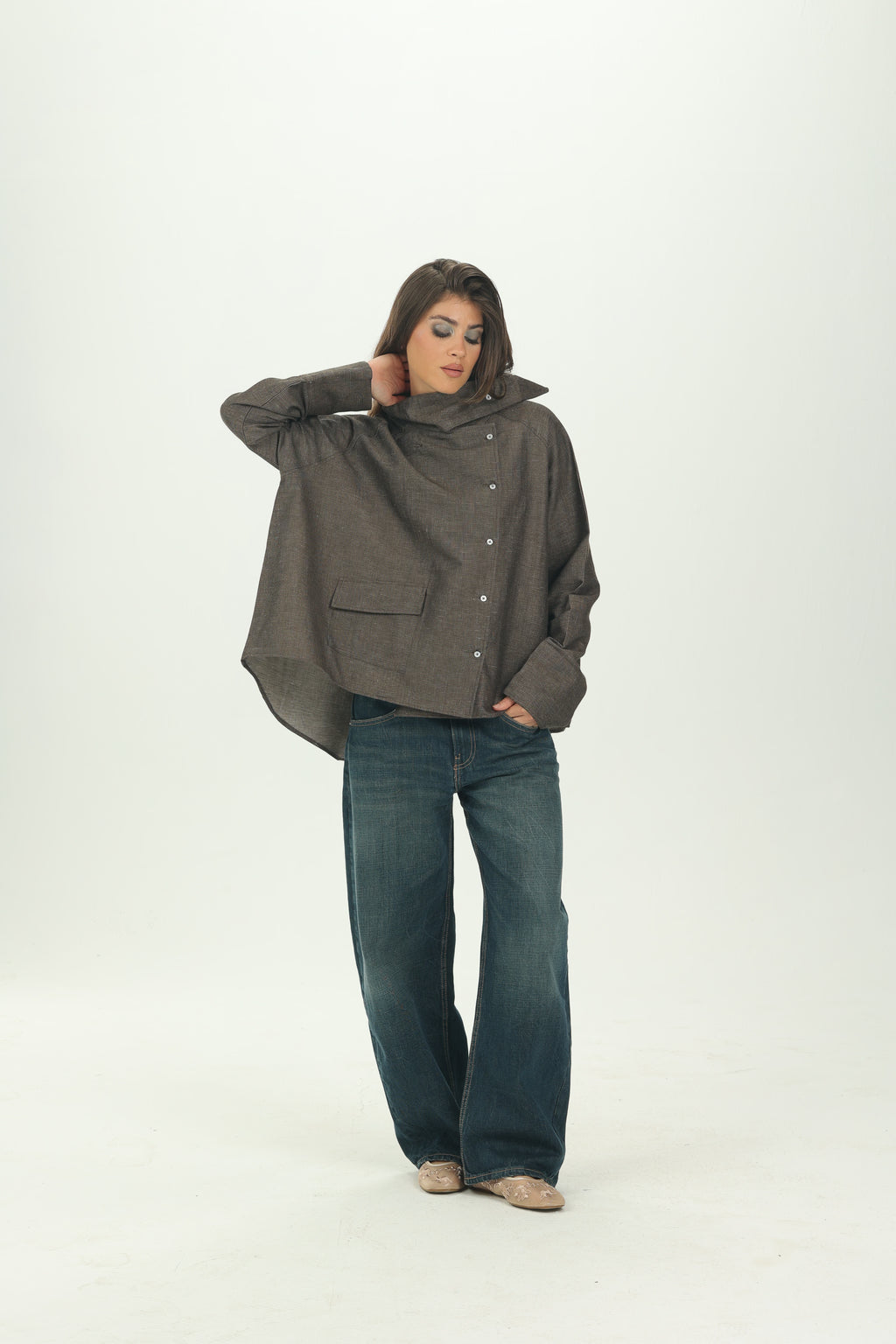 Brown High Collar Asymmetric Shirt