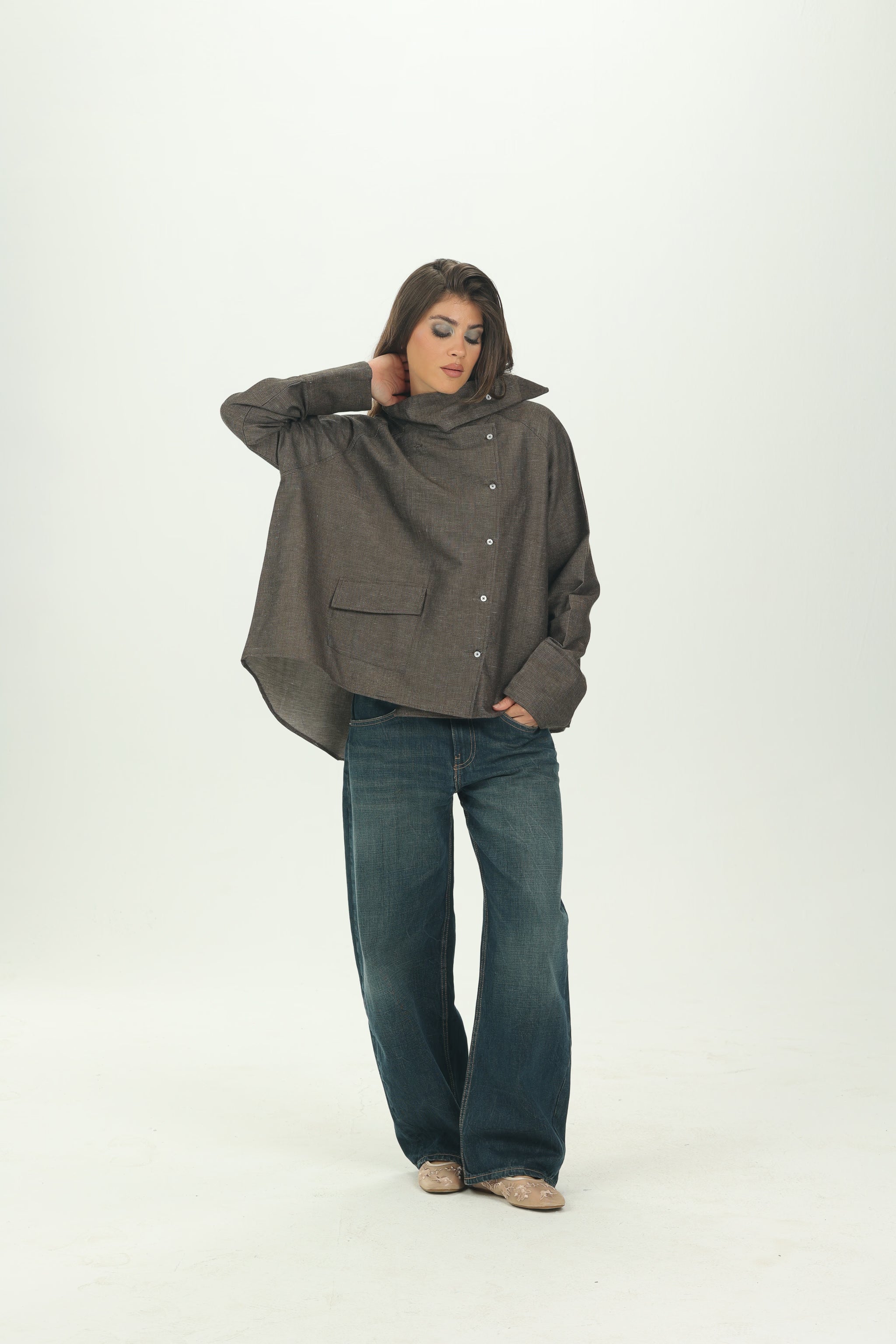 Brown High Collar Asymmetric Shirt