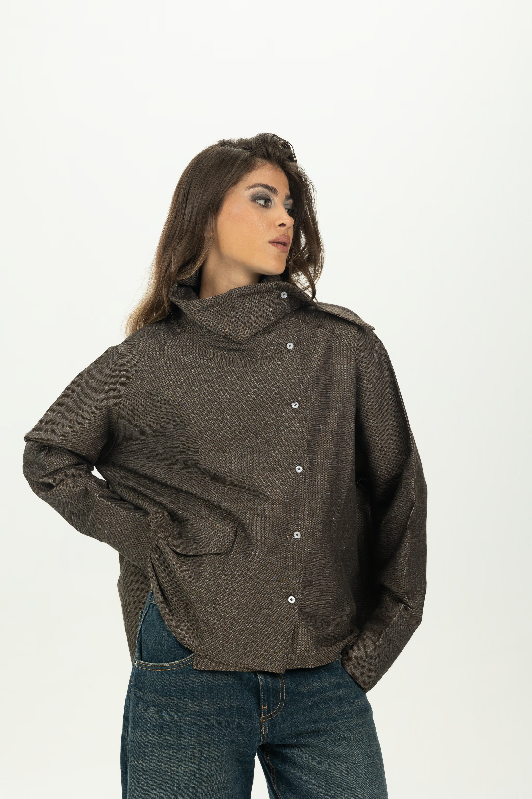 Brown High Collar Asymmetric Shirt