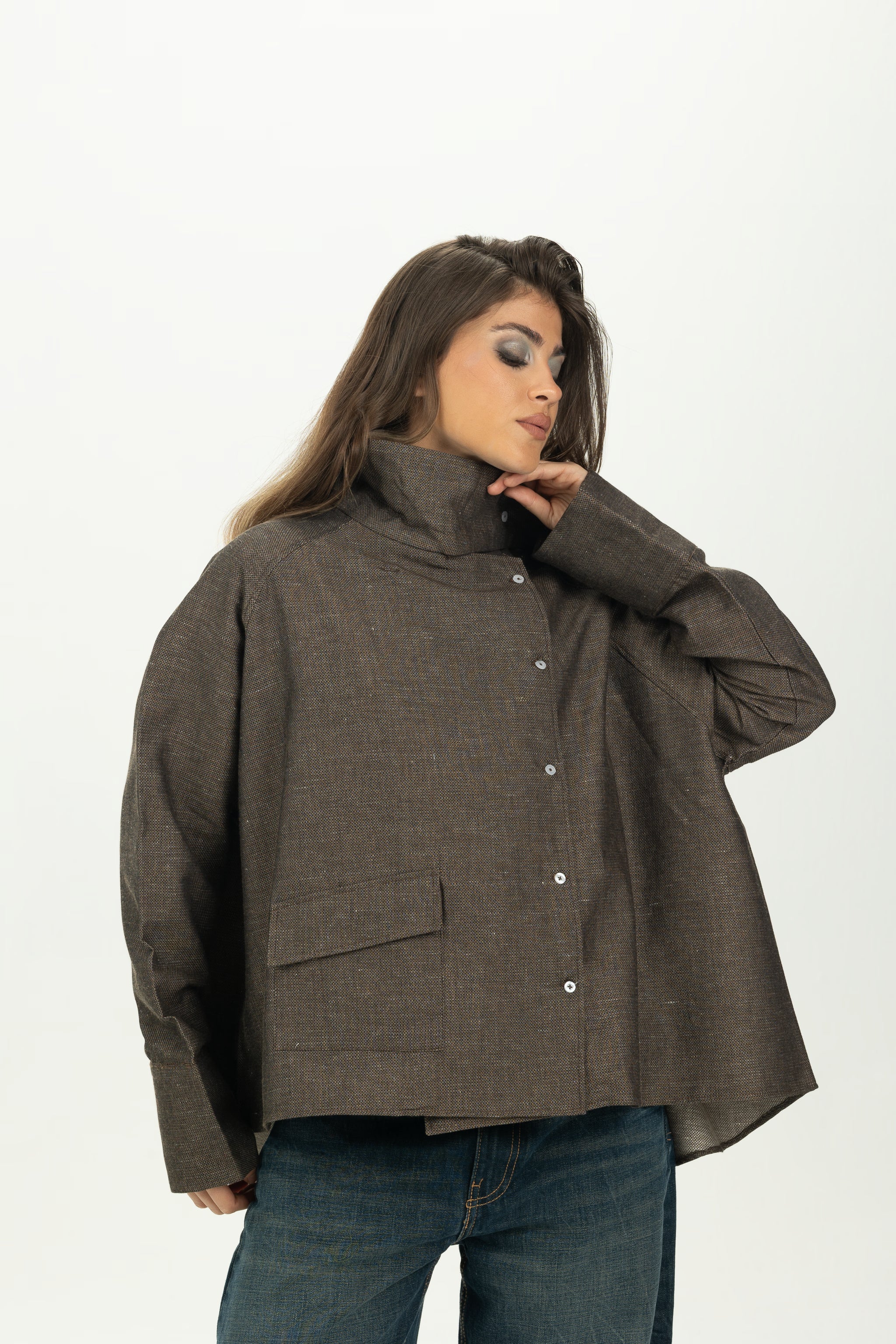 Brown High Collar Asymmetric Shirt