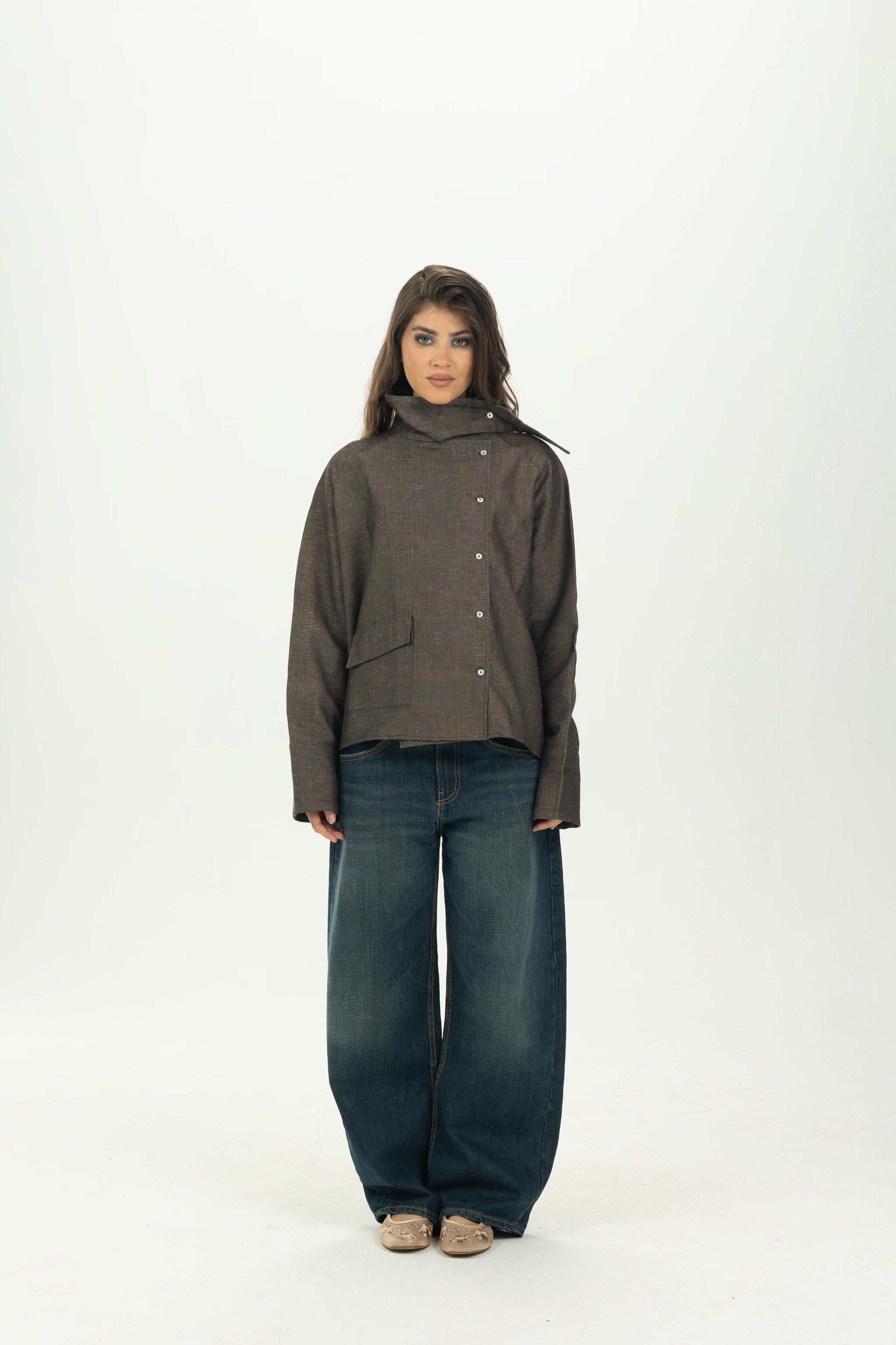 Brown High Collar Asymmetric Shirt