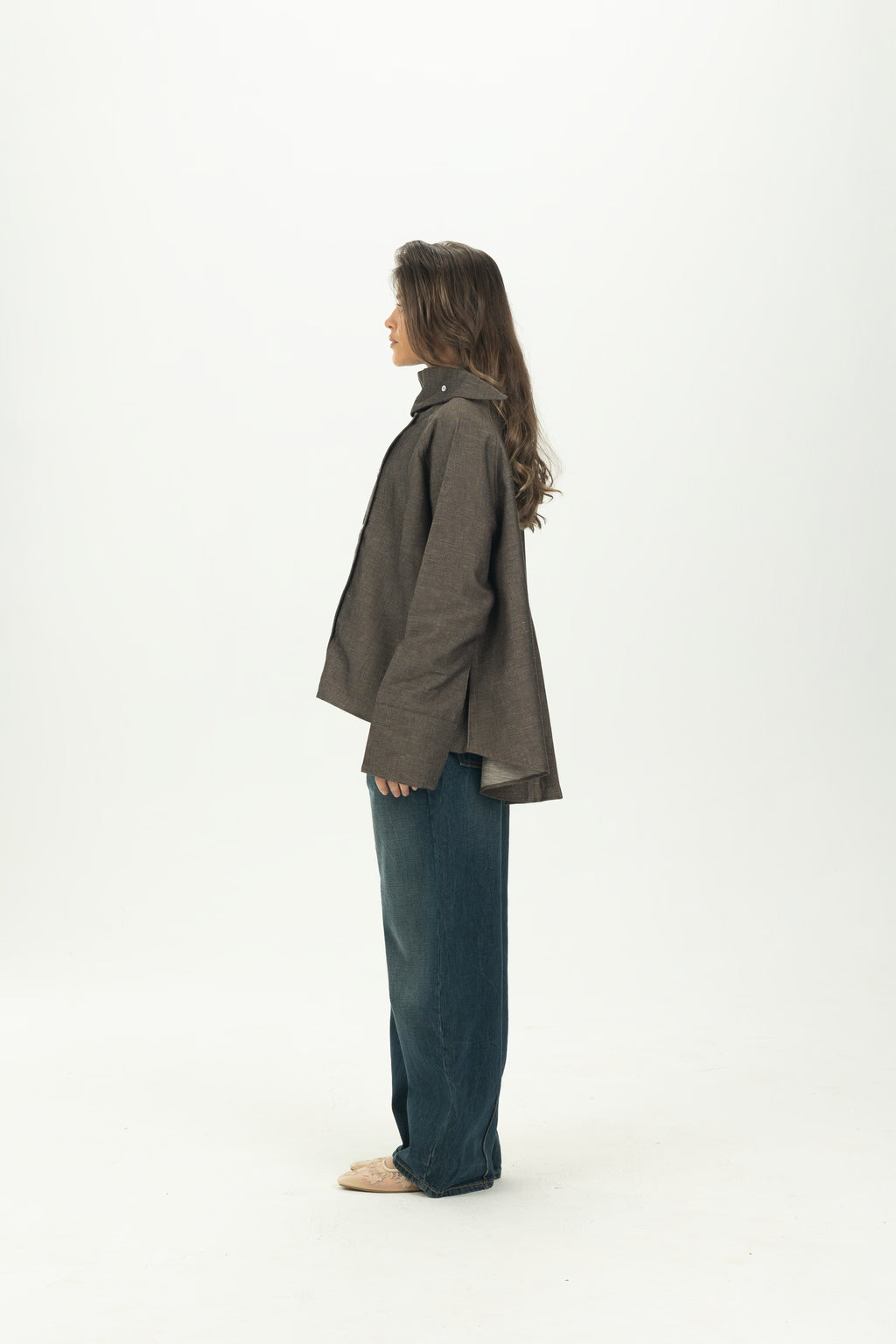 Brown High Collar Asymmetric Shirt