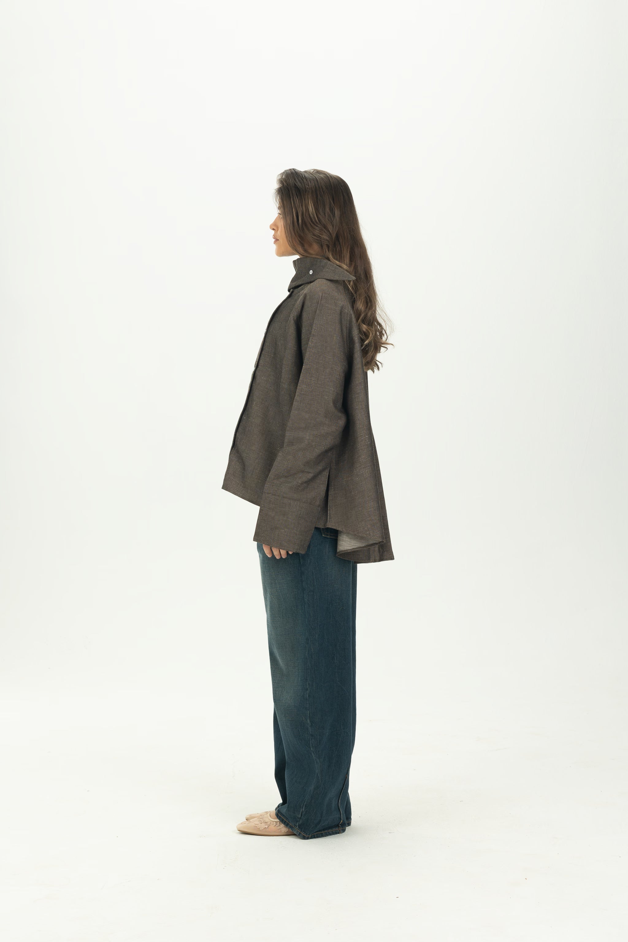 Brown High Collar Asymmetric Shirt