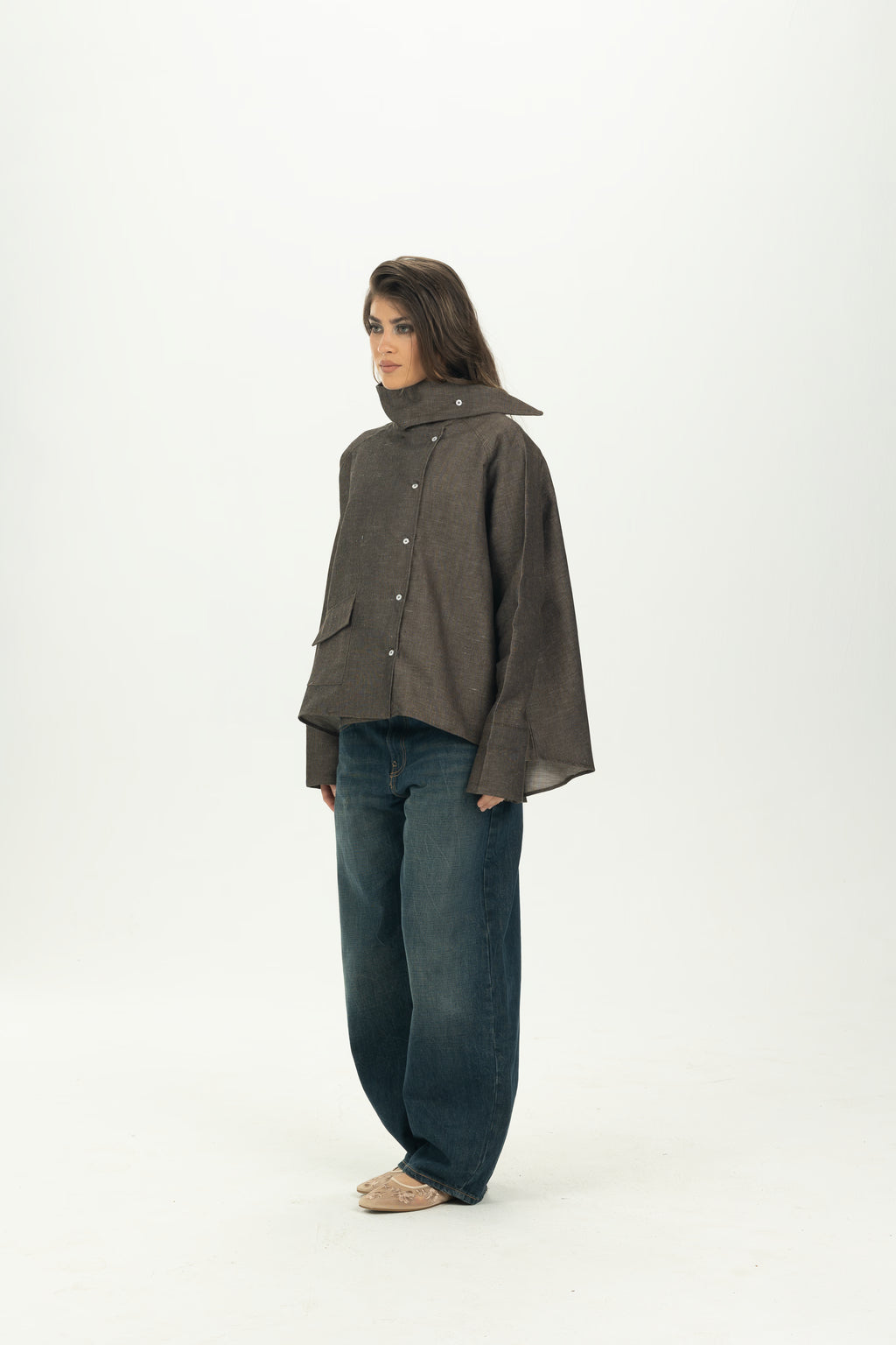 Brown High Collar Asymmetric Shirt