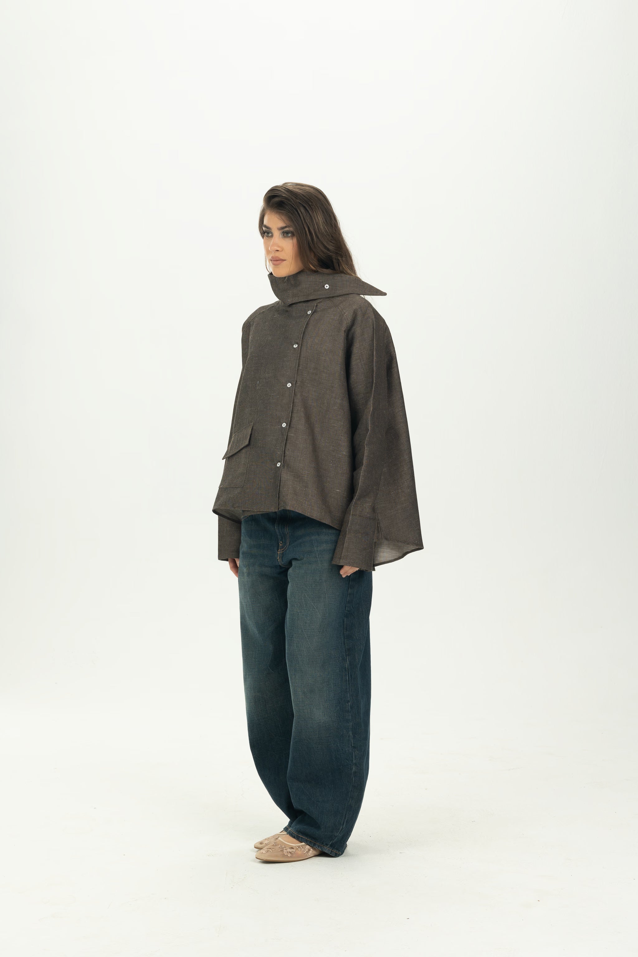 Brown High Collar Asymmetric Shirt
