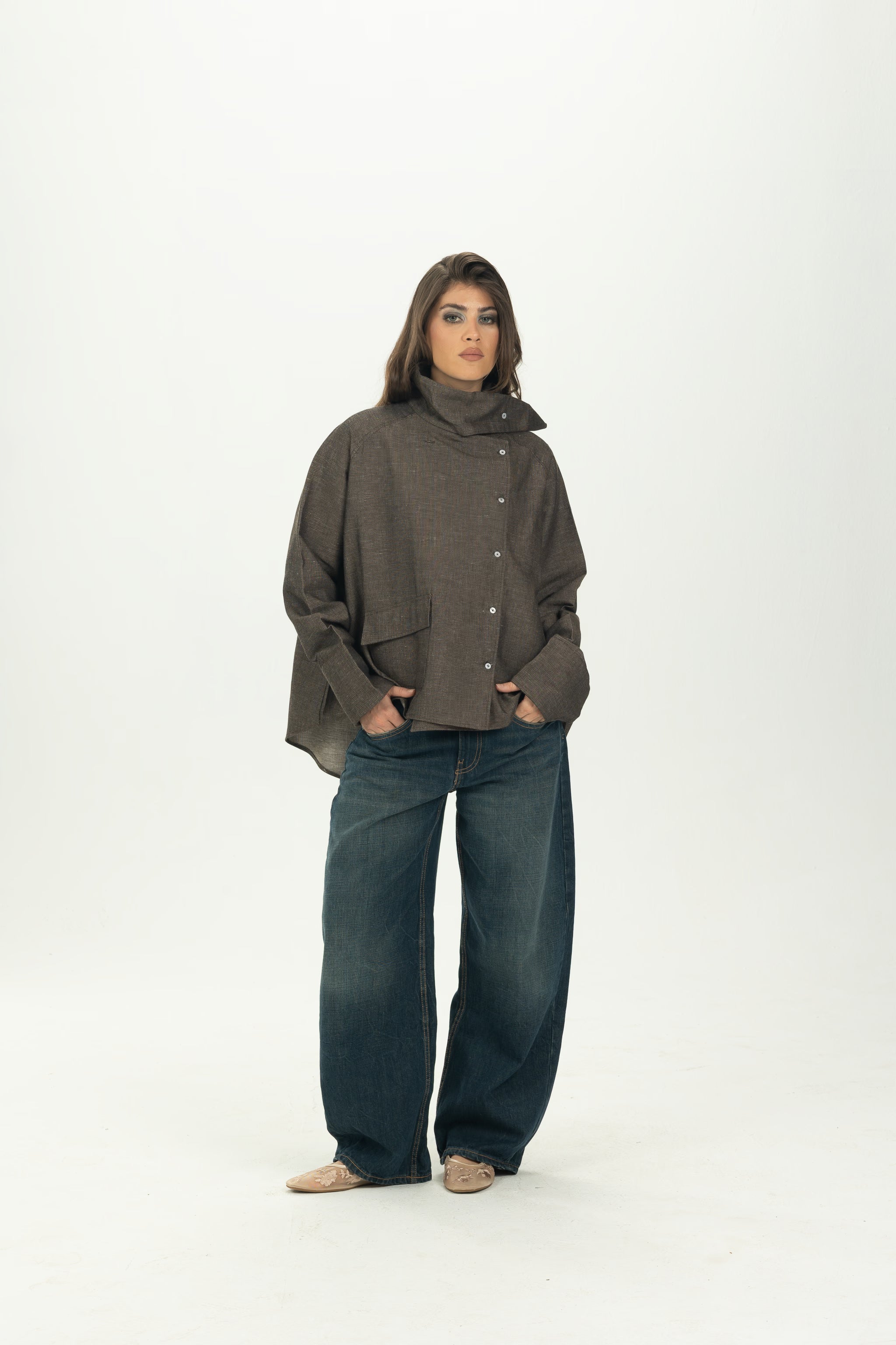 Brown High Collar Asymmetric Shirt