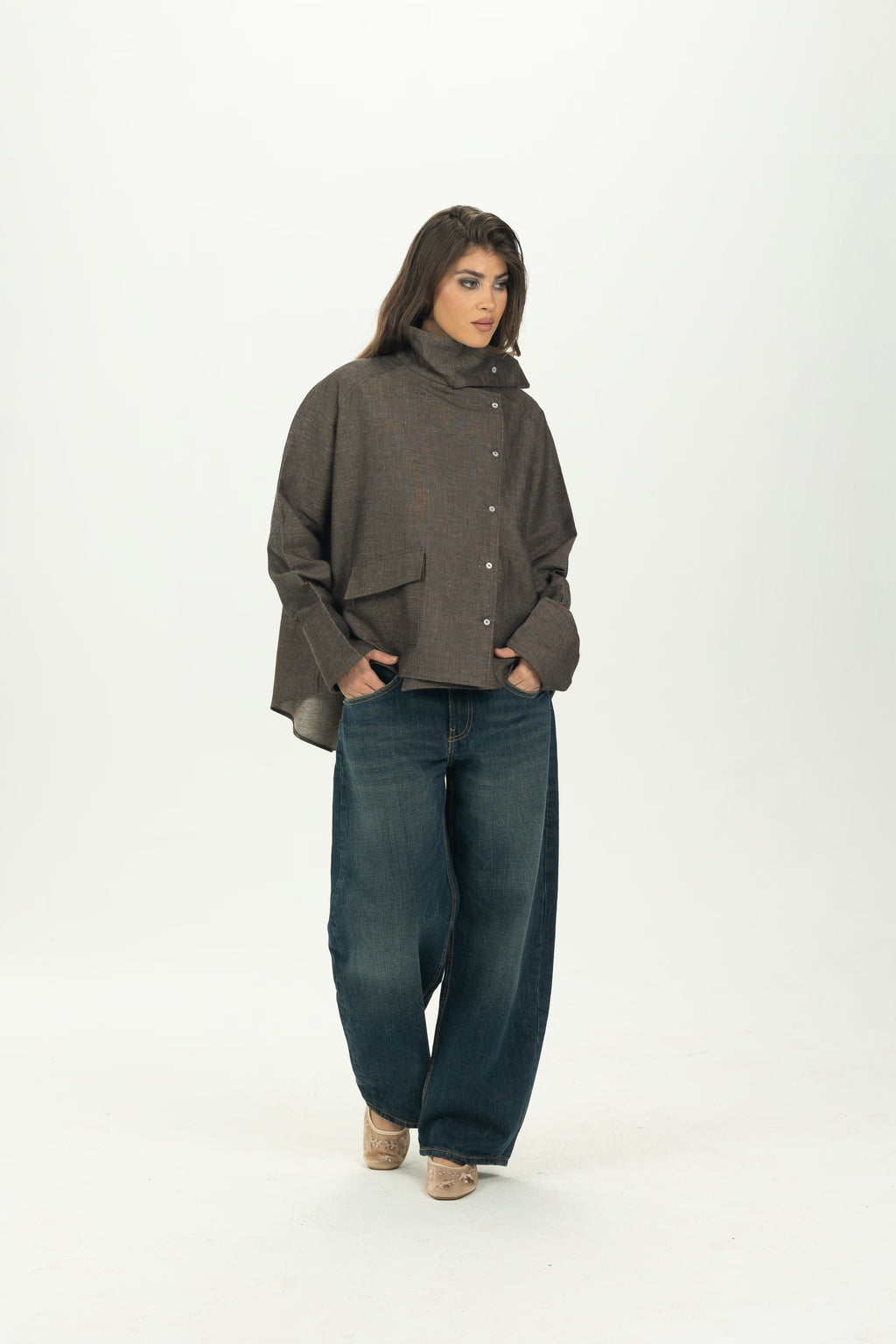 Brown High Collar Asymmetric Shirt