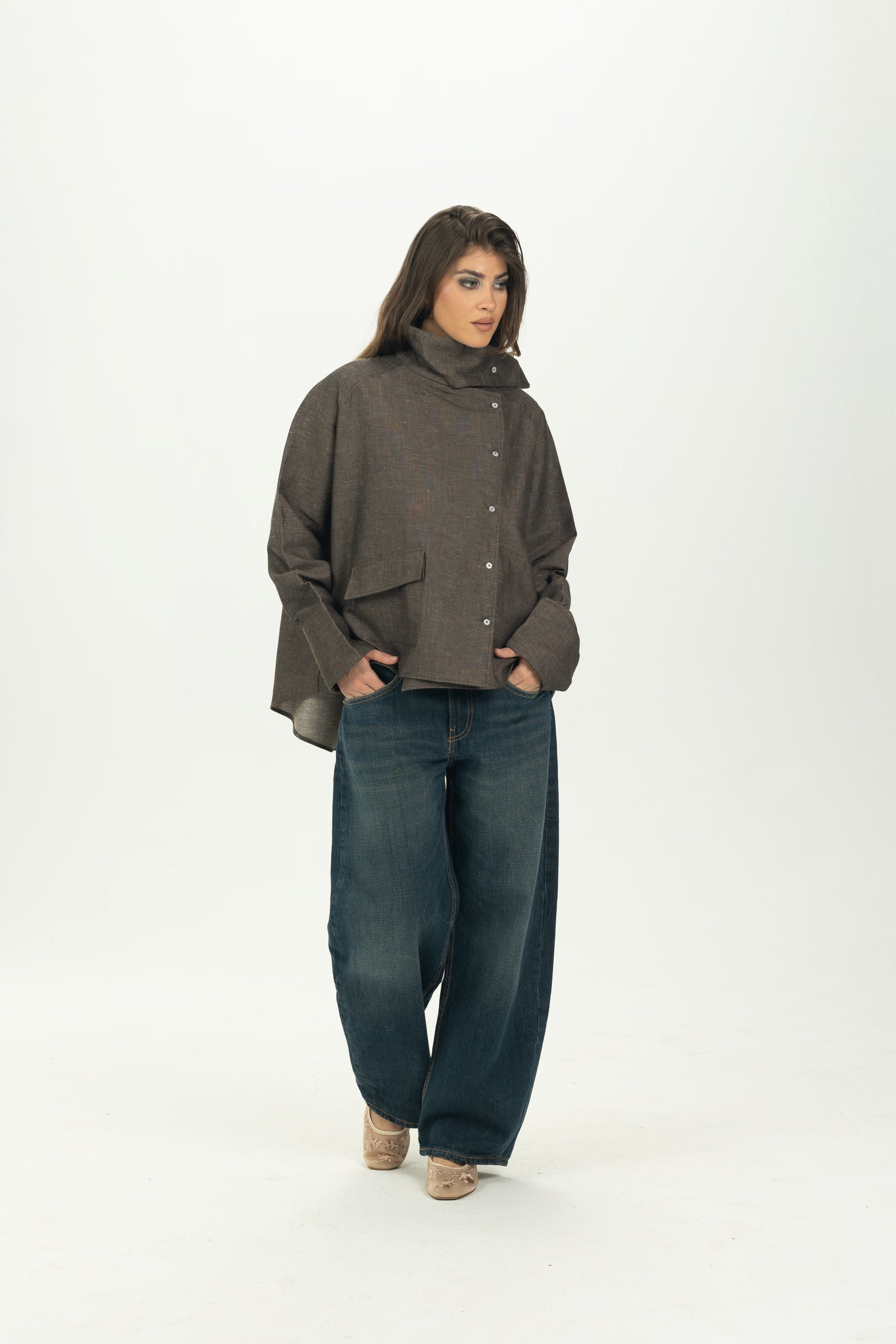 Brown High Collar Asymmetric Shirt