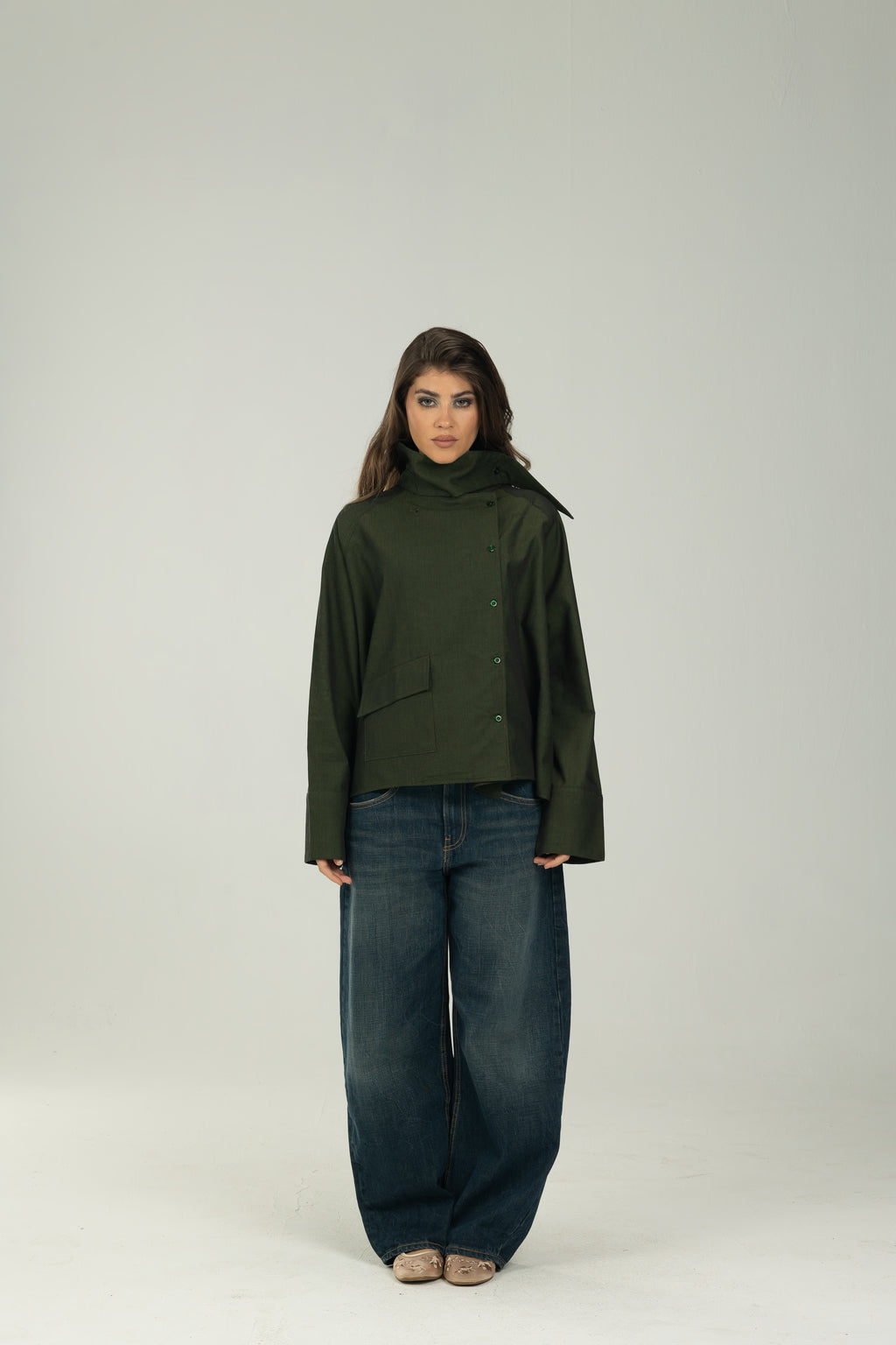 Dark Green High Collar Asymmetric Shirt