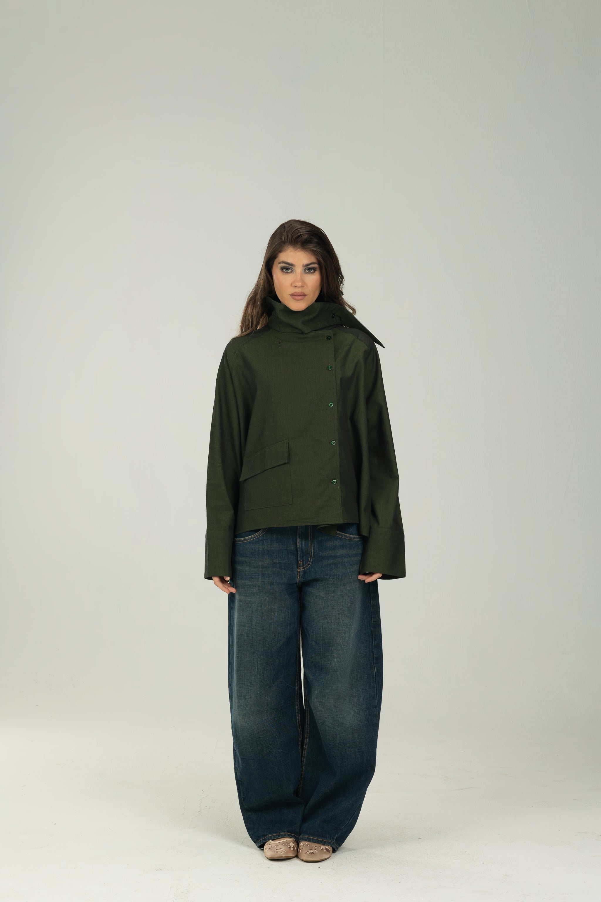 Dark Green High Collar Asymmetric Shirt
