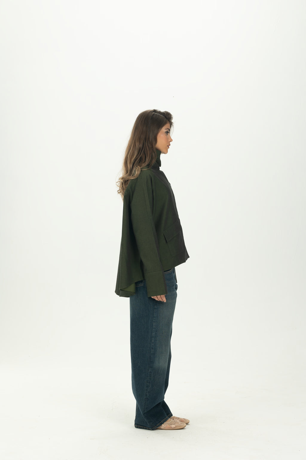 Dark Green High Collar Asymmetric Shirt