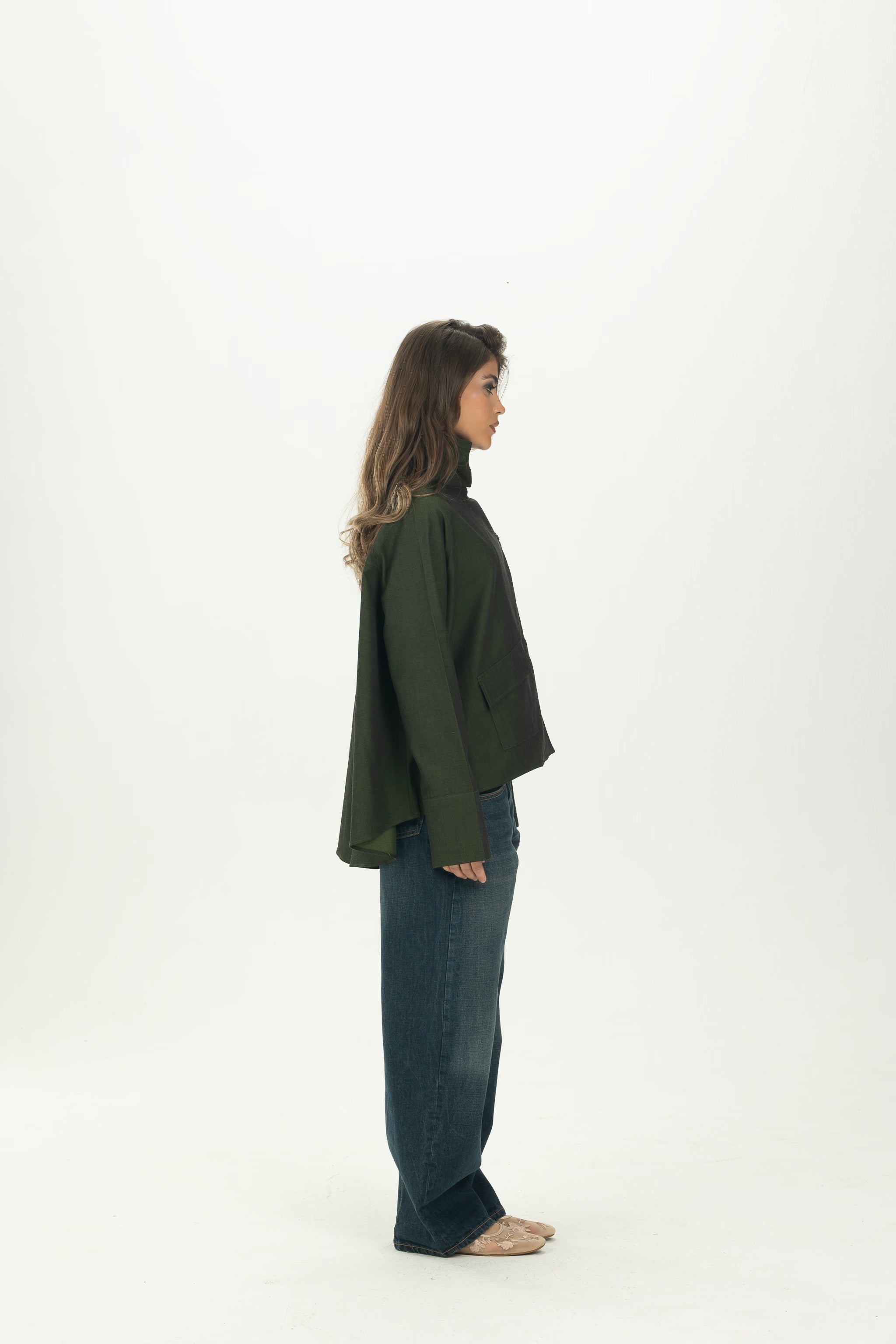 Dark Green High Collar Asymmetric Shirt
