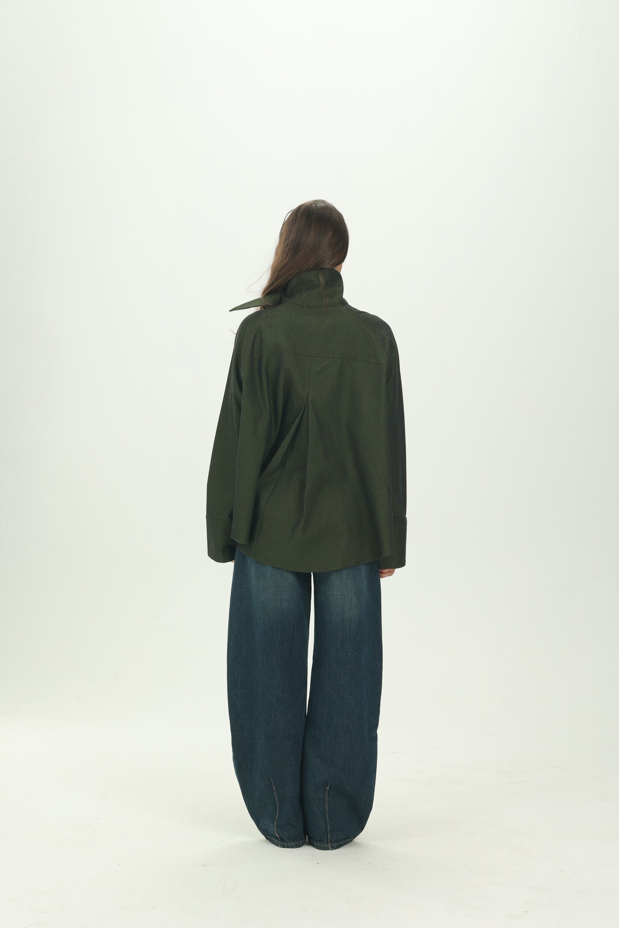 Dark Green High Collar Asymmetric Shirt