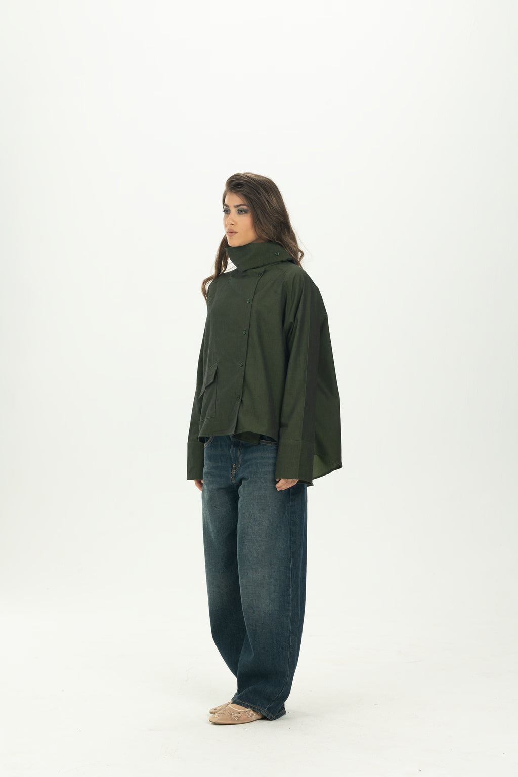 Dark Green High Collar Asymmetric Shirt