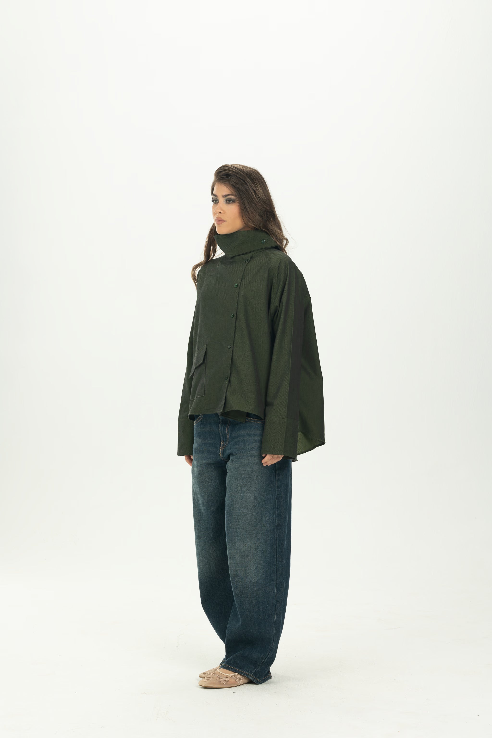 Dark Green High Collar Asymmetric Shirt