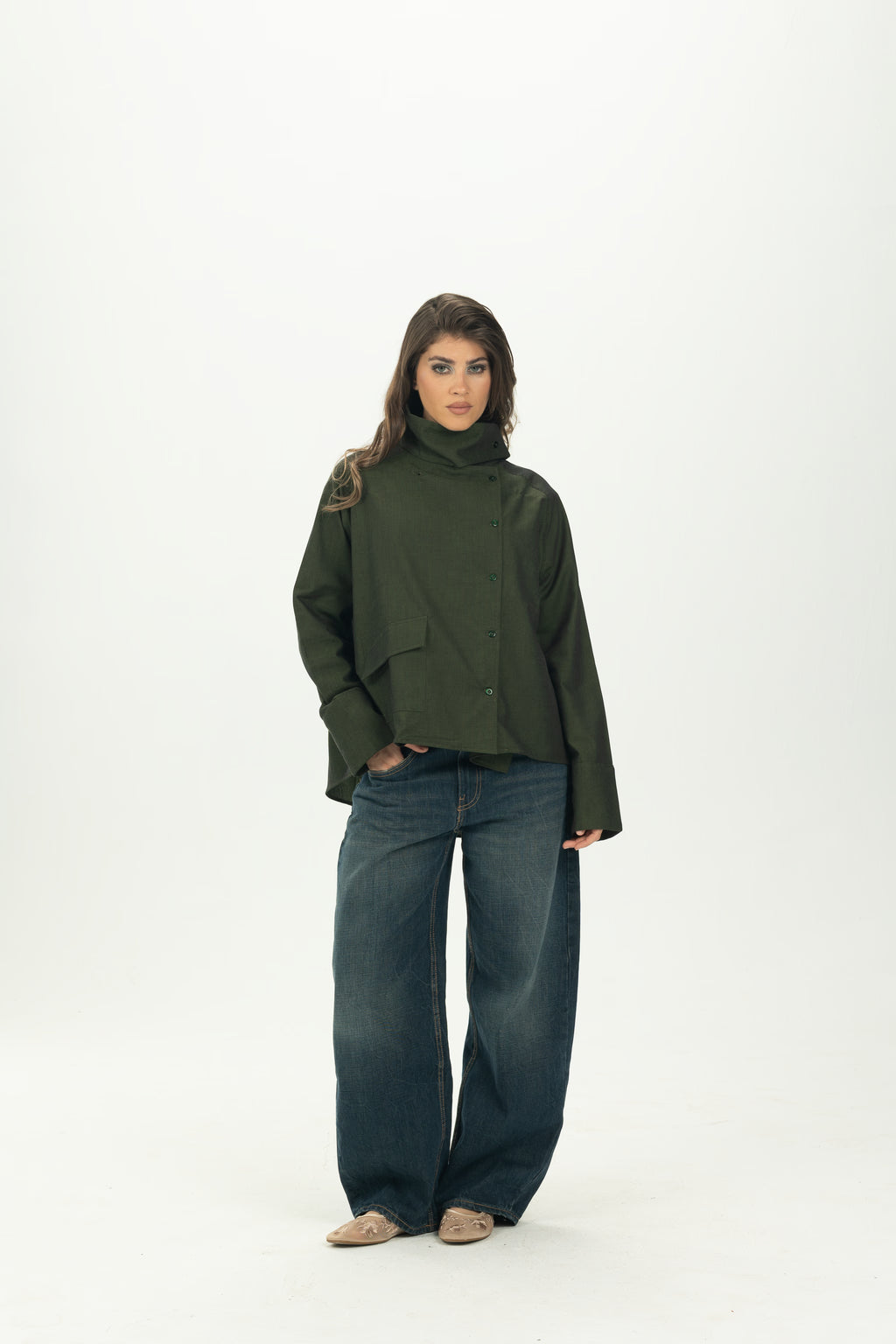 Dark Green High Collar Asymmetric Shirt