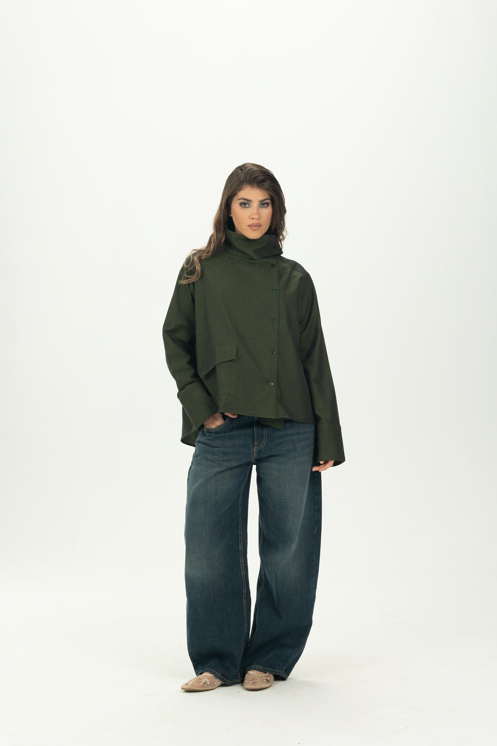 Dark Green High Collar Asymmetric Shirt