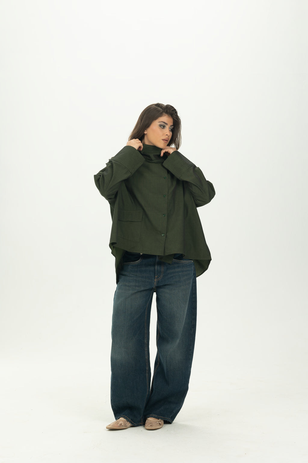 Dark Green High Collar Asymmetric Shirt