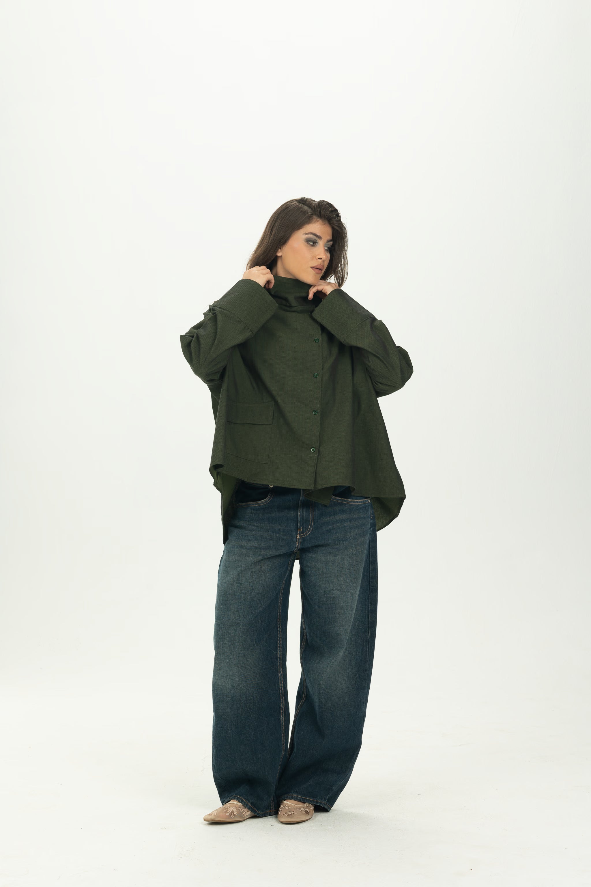 Dark Green High Collar Asymmetric Shirt