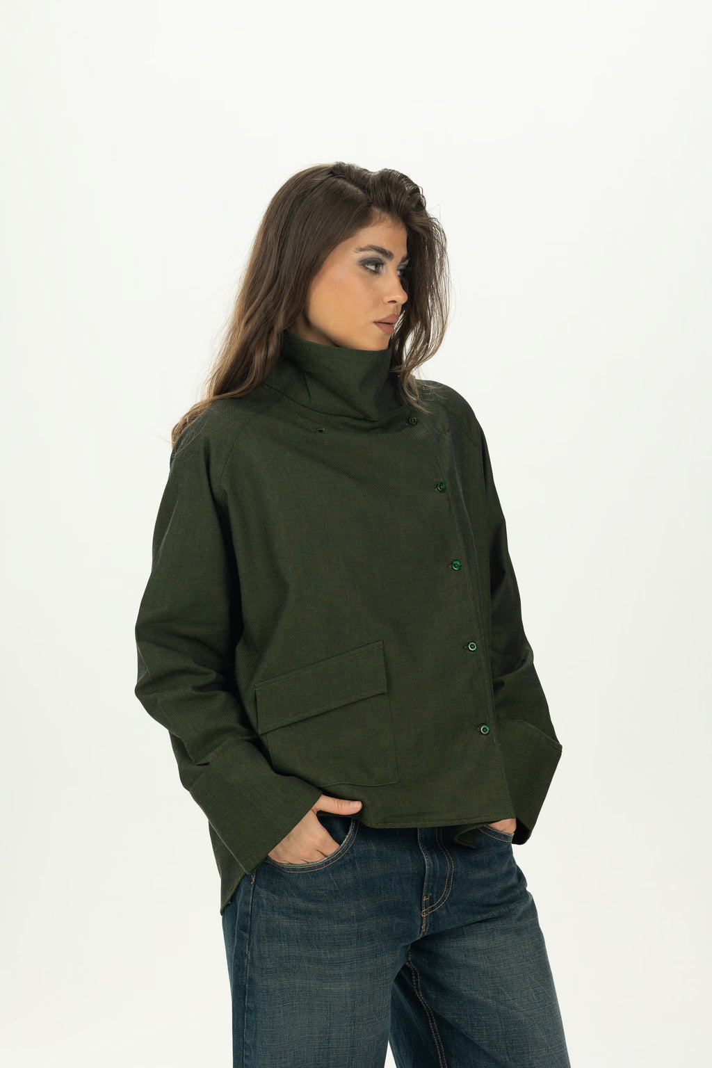 Dark Green High Collar Asymmetric Shirt