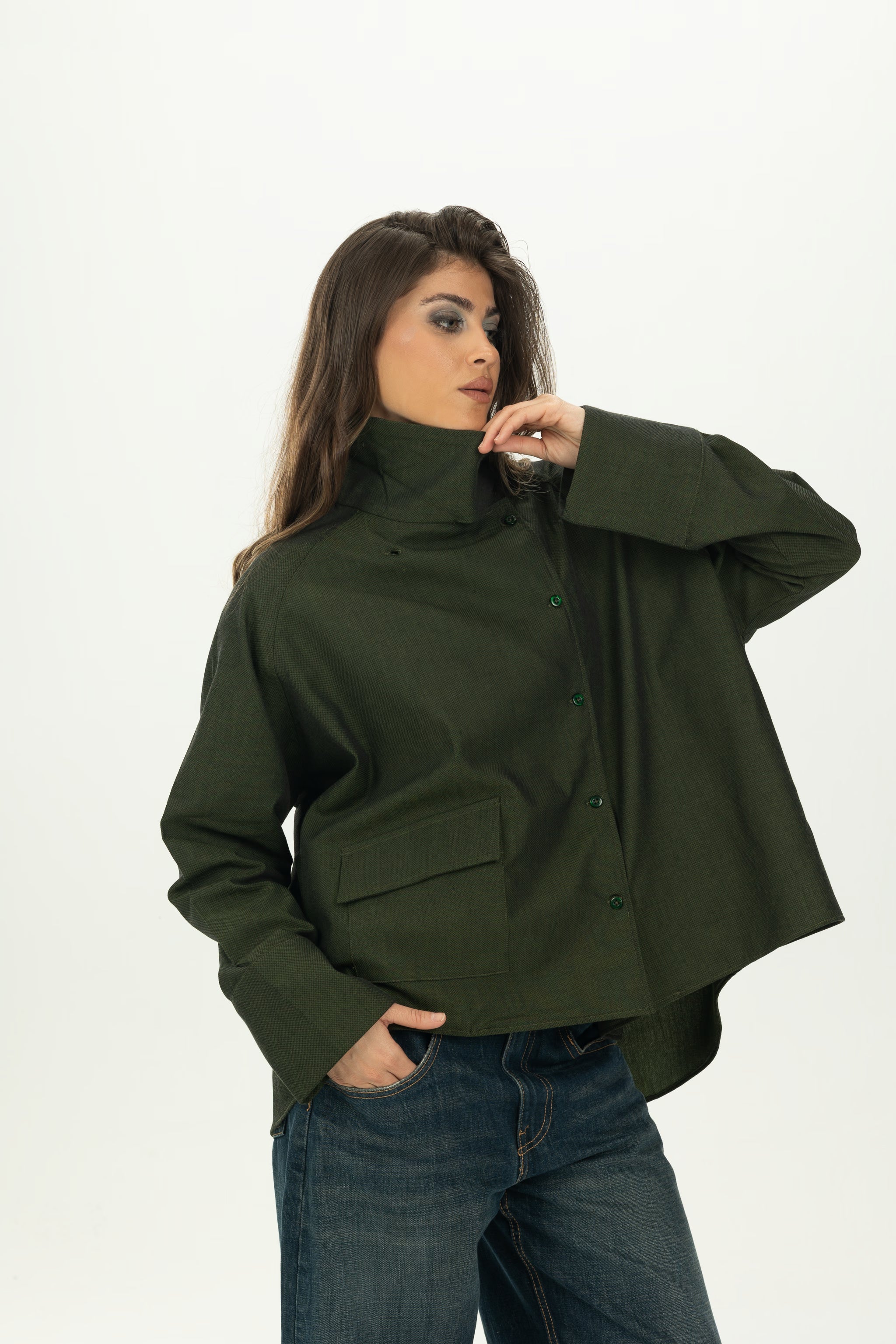 Dark Green High Collar Asymmetric Shirt
