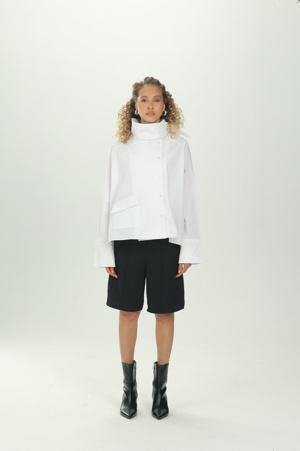 White High Collar Asymmetric Shirt